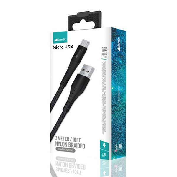 כבל טעינה ארוך וקשיח USB ל-MicroUSB באורך 3 מטר מבית Nordic