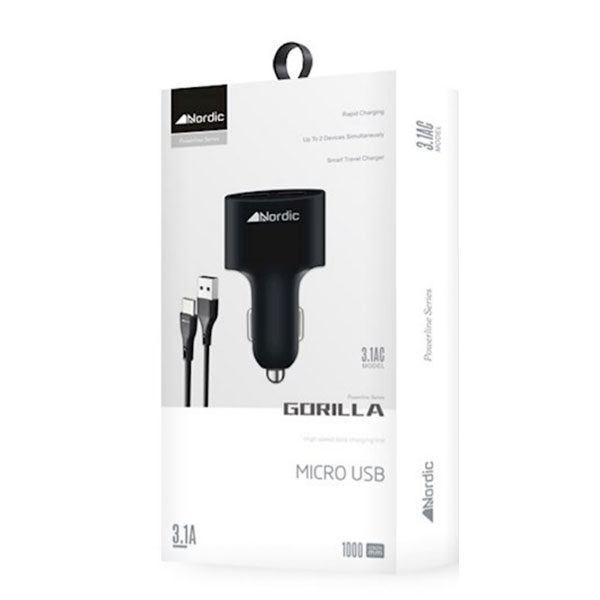 מטען מהיר לרכב עם 2 יציאות USB וכבל MicroUSB מבית Nordic