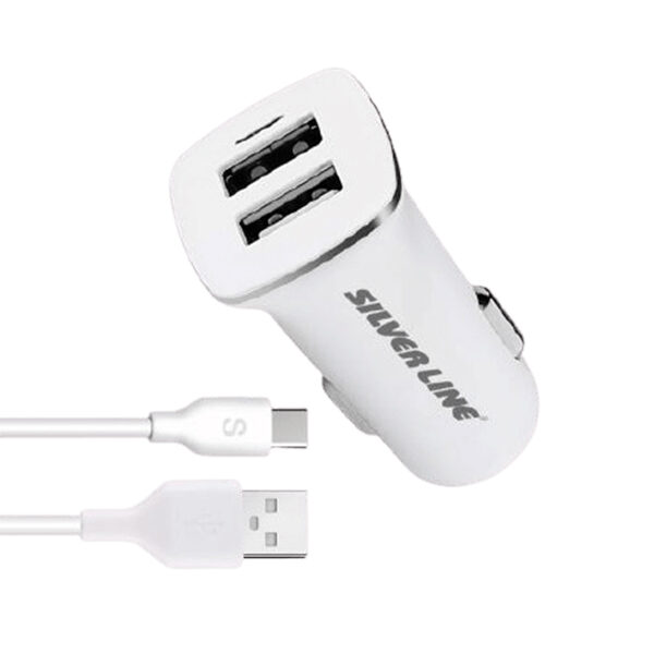 מטען לרכב עם כבל USB Type-C ו-2 יציאות Silver Line Car Charger