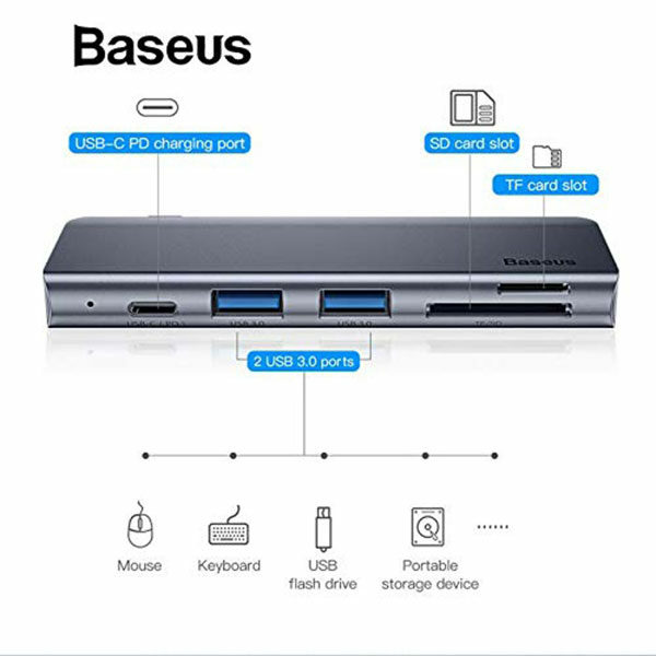 מפצל 5 ב-1 מ-USB-C לזוג חיבורי USB, עם USB-C וכרטיסי זיכרון Baseus Harmonica