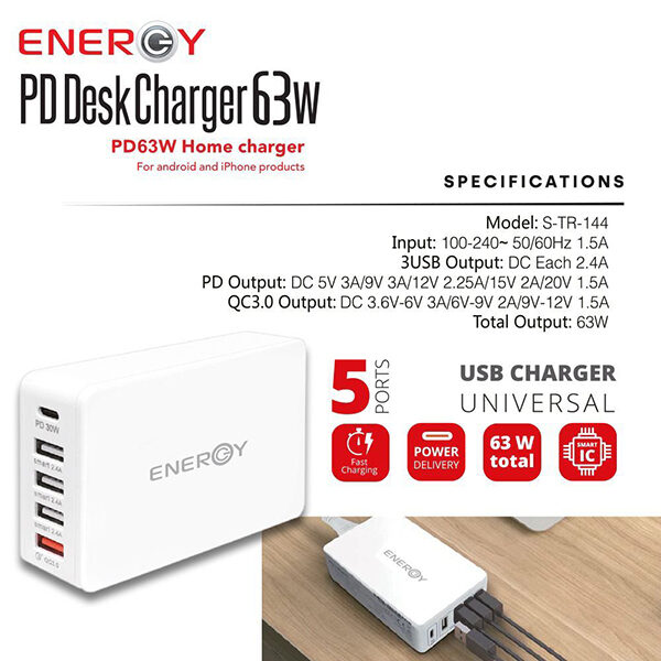 ראש מטען 5 יציאות עם יציאת USB-C בהספק 63 וואט Energy