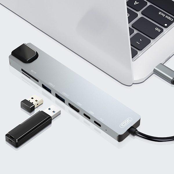 מפצל 8 ב-1 מ-USB-C ל-8 יציאות שונות XO-HUB005 אפור