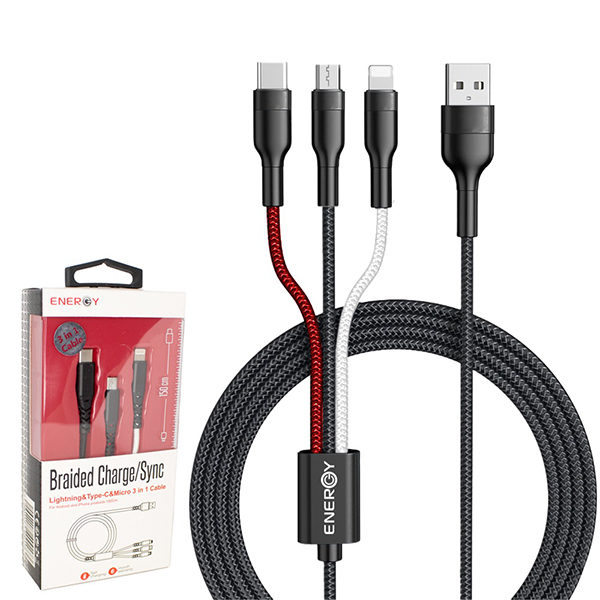 כבל 3 ב-1 USB לאייפון USB-C ו-Micro USB שחור Energy