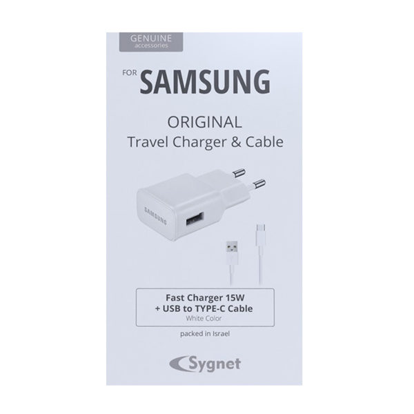 מטען סמסונג מקורי 15 וואט עם כבל USB-C נארז בארץ לבן