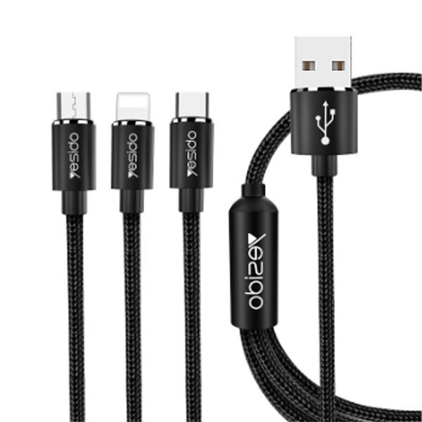 כבל משולב 3 ב-1 USB-C, MicroUSB, Lightning שחור Yesido