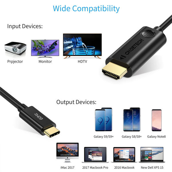 כבל USB-C ל-HDMI זכר Choetech שחור 60Hz 4K