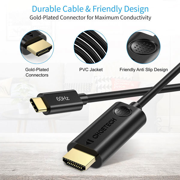 כבל USB-C ל-HDMI זכר Choetech שחור 60Hz 4K