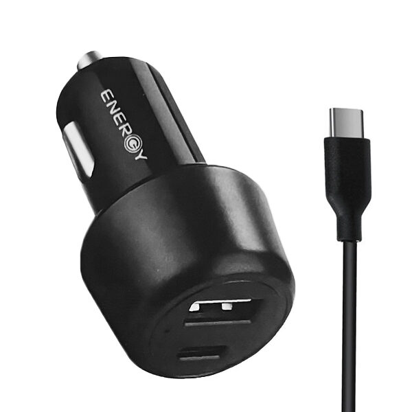 מטען מהיר לרכב עם כבל USB-C בהספק כולל של 36 וואט 2 יציאות Energy