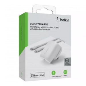 ראש מטען וכבל Lightning לאייפון ואייפד Belkin 30w Usb C