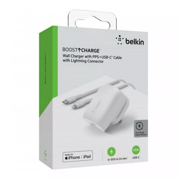 ראש מטען וכבל Lightning לאייפון ואייפד Belkin 30w Usb C