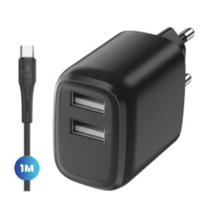 מטען בית Usb A כפול קומפקטי ובטיחותי 12w שחור כבל Type C שנה אחריות Essentials