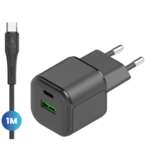 מטען בית כפול מהיר Essentials יציאת Type C ויציאת Usb A שחור עם כבל