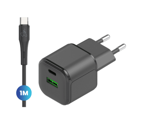 מטען בית כפול מהיר Essentials יציאת Type C ויציאת Usb A שחור עם כבל