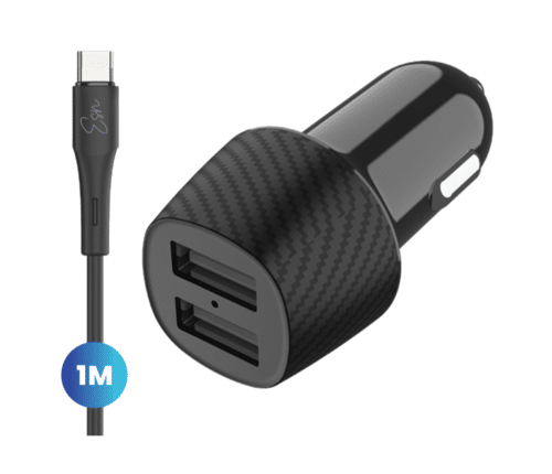 מטען רכב Usb A כפול 15w עמיד וחזק שחור עם כבל שנה אחריות Essentials