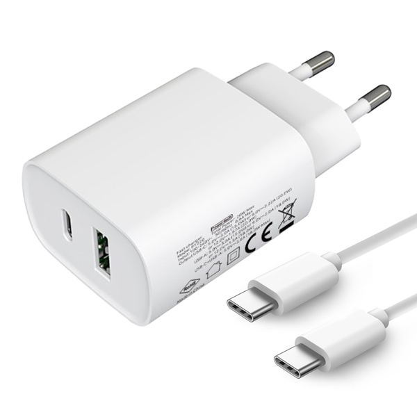 ראש מטען 25 וואט עם כבל Type-C ו-2 יציאות USB-C+A טעינה מהירה Power Tech