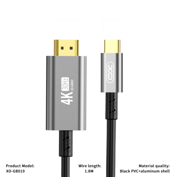 כבל HDMI 4K לחיבור Type-C להזרמת תוכן באיכות ללא פשרות XO-GB019 כסוף