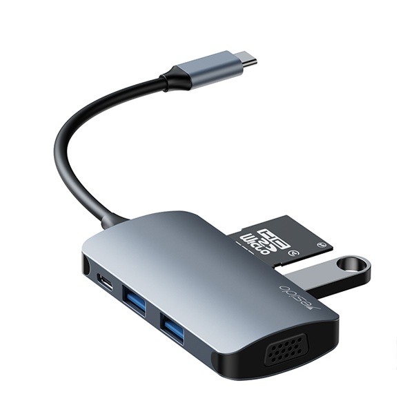 מתאם 7 ב-1 USB-C עם חיבורי USB-A ו-USB-C, כרטיסי SD/TF וחיבור VGA מבית Yesido