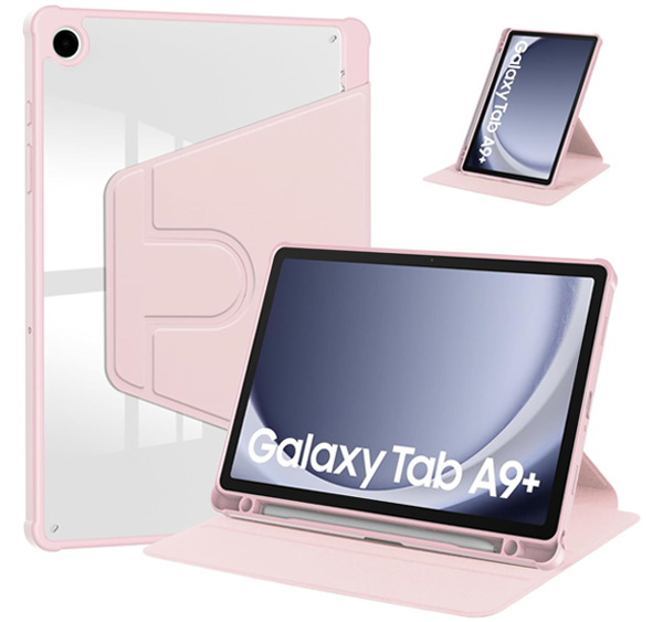 כיסוי סיבובי סמסונג Galaxy Tab A9 Plus ורוד שקוף מעור איכותי עם רצועה לסגירה בטוחה פרימיום 360