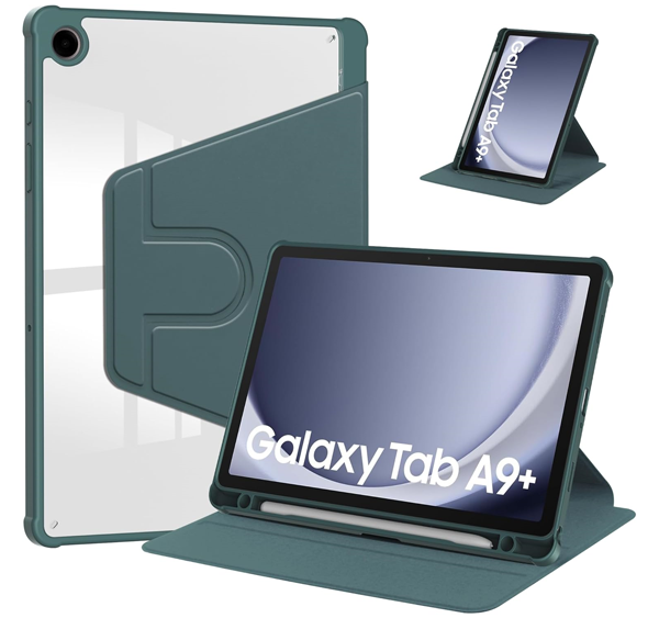 כיסוי סיבובי סמסונג Galaxy Tab A9 Plus ירוק שקוף מעור איכותי עם רצועה לסגירה בטוחה פרימיום 360