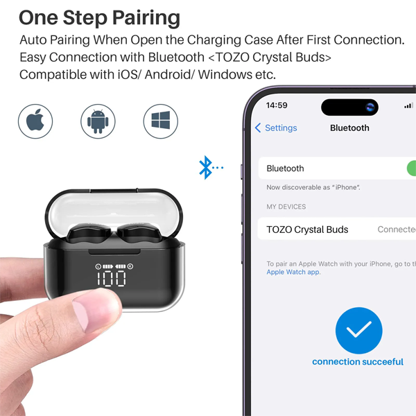 אוזניות אלחוטיות TOZO Crystal Buds שחור עמידות במים עם תצוגה דיגיטלית