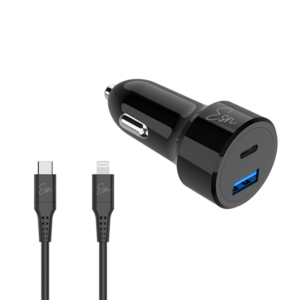 מטען רכב 43W עם 2 יציאות וכבל USB-C ל-Lightning מבית Essentials שחור