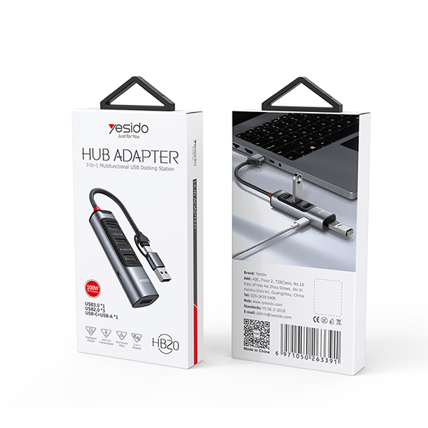 מתאם USB עם 4 יציאות Yesido HB20 וטעינה מהירה עד 100W