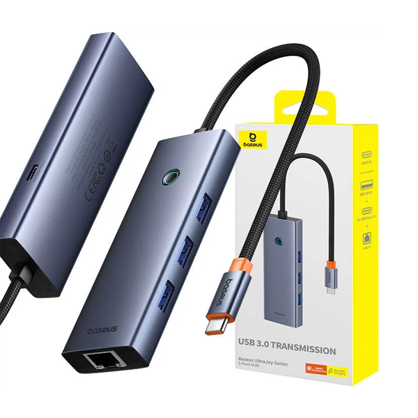 מתאם קומפקטי 5-ב-1 חיבור USB-C עם תמיכה ב-PD ו-RJ45 מבית Baseus